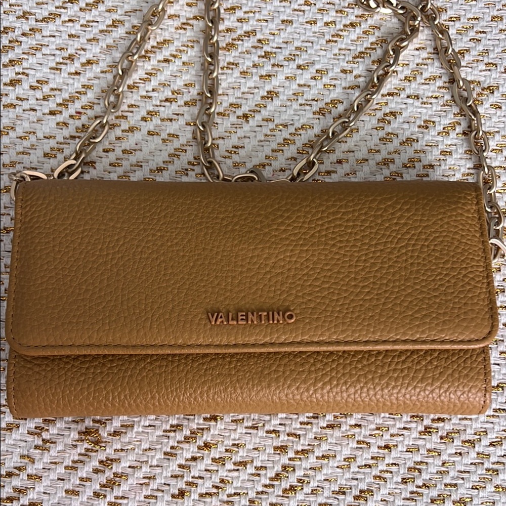 Valentino by Mario Brown Pebbled Leather Clutch with Chain Strap